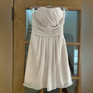 Nude mini Bill Levkoff chiffon bridesmaids dress
